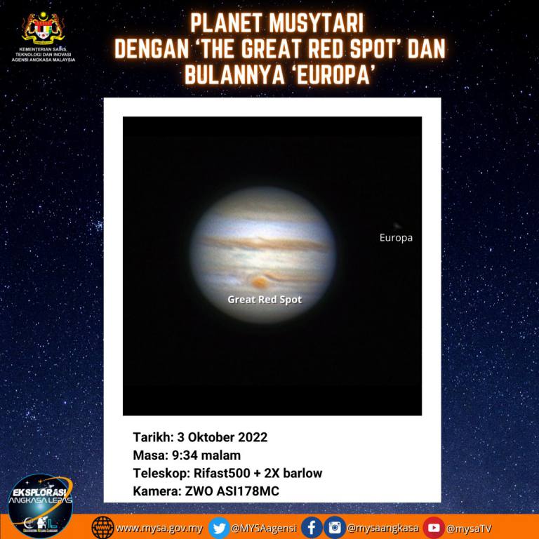 PLANET MUSYTARI DENGAN ‘THE GREAT RED SPOT’ DAN BULANNYA ‘EUROPA’ – 3 OKTOBER 2022