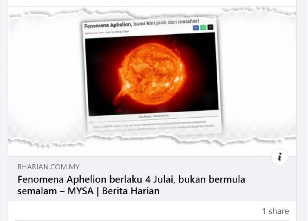 FENOMENA APHELION BERLAKU 4 JULAI, BUKAN BERMULA SEMALAM – MYSA | BERITA HARIAN | 19 JULAI 2025