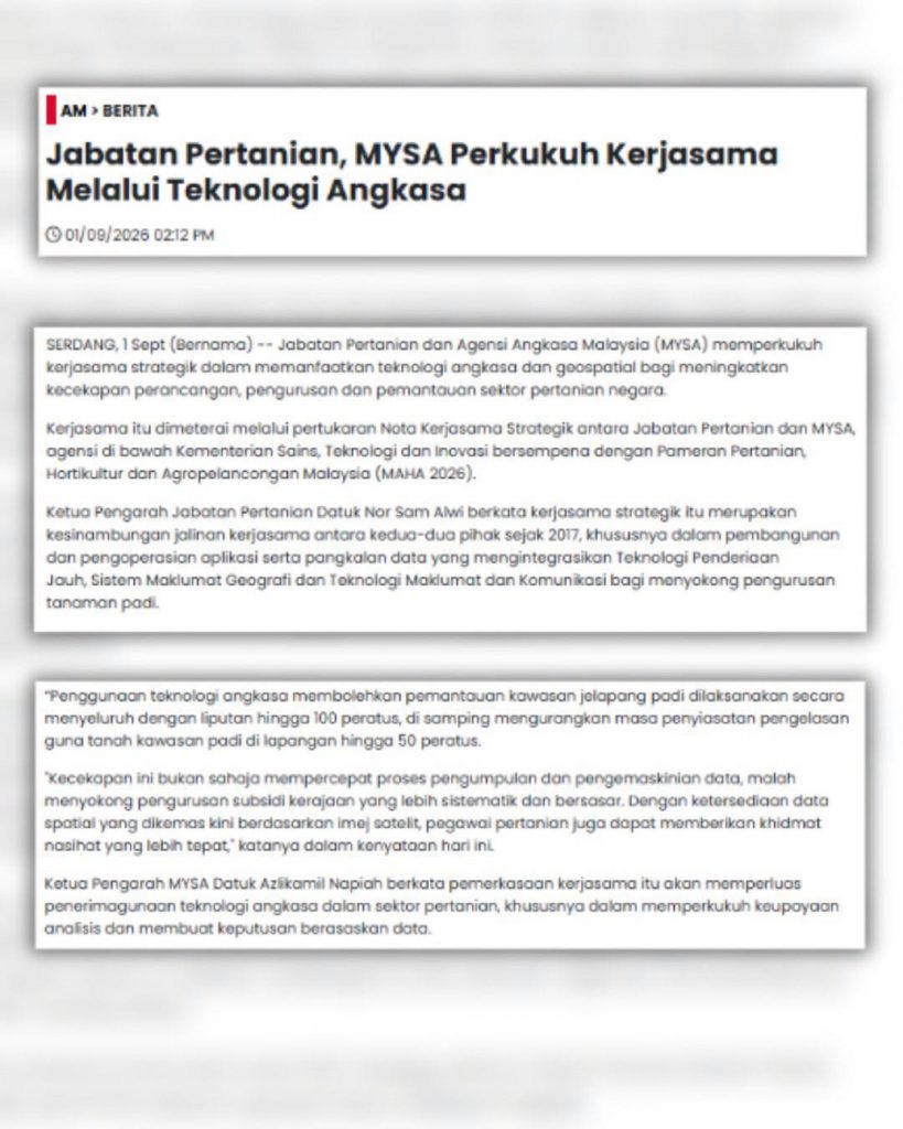 JABATAN PERTANIAN, MYSA PERKUKUH KERJASAMA MELALUI TEKNOLOGI ANGKASA - BERNAMA, 1 SEPTEMBER 2026